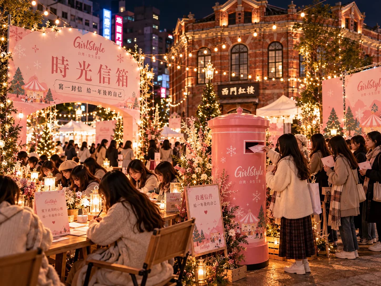 2026 情境示意：粉色時光信箱郵筒與寫信桌，女生們寫信、排隊投信