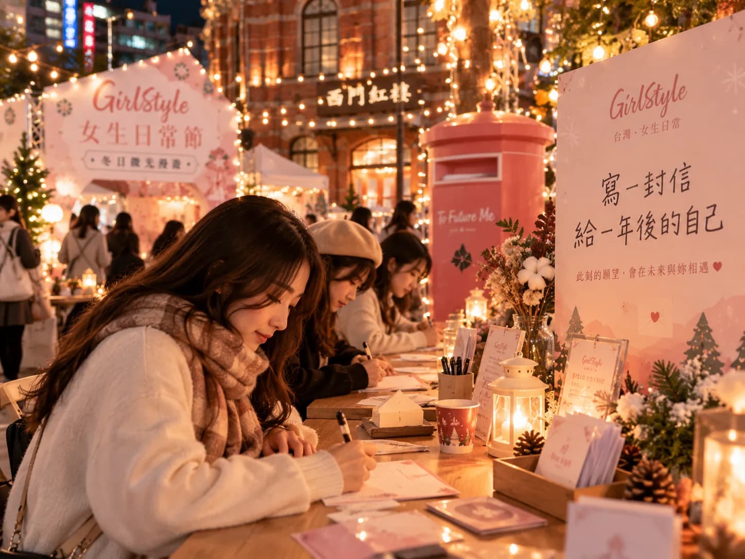 2026 情境示意：女生坐在桌前寫信給一年後的自己