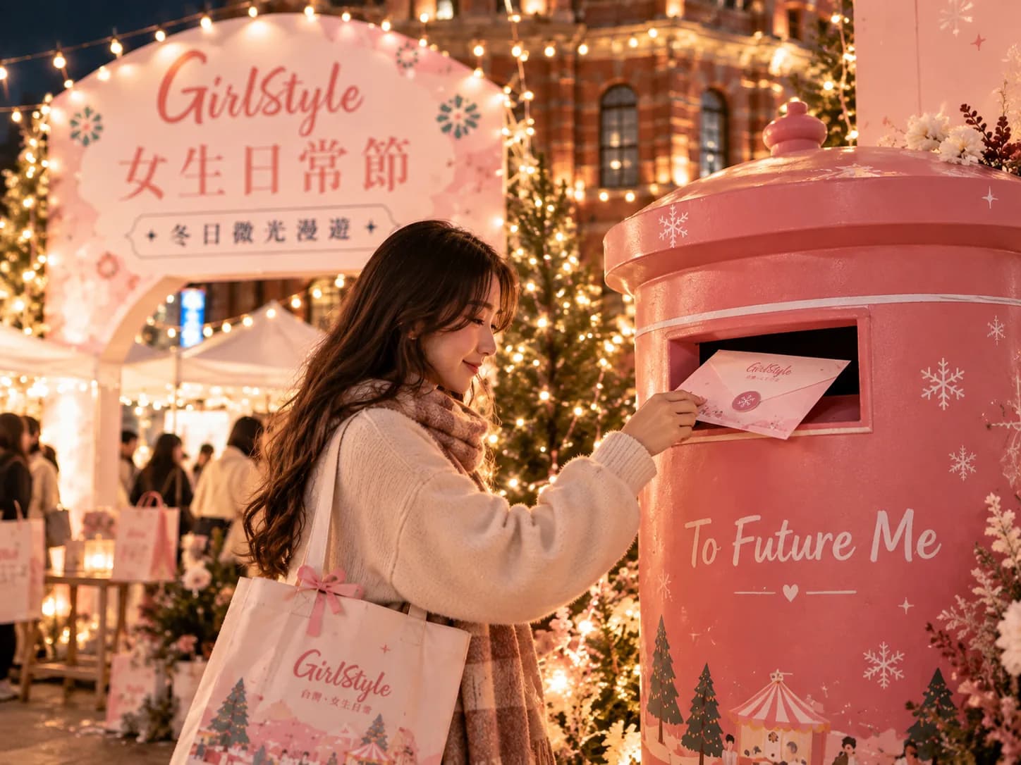 2026 情境示意：女生把信投進粉色時光信箱郵筒
