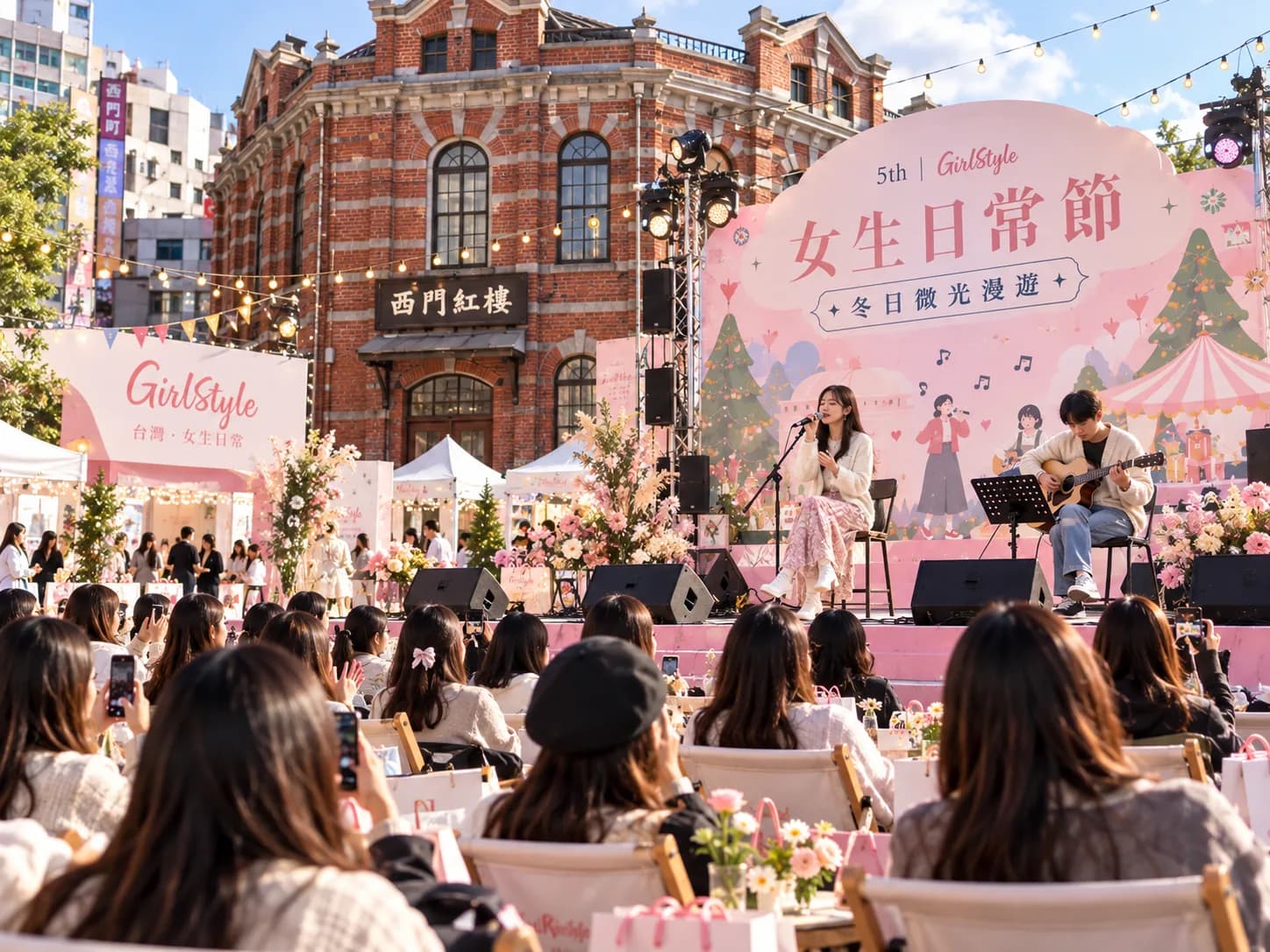 2026 情境示意：西門紅樓北廣場舞台演出，觀眾坐在椅子上觀看，座位旁放著品牌禮包