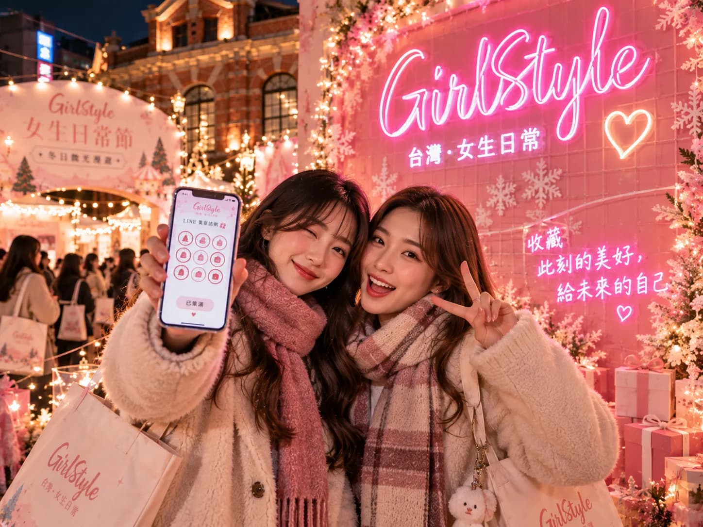 2026 情境示意：兩位女生在 GirlStyle 霓虹字牆前合照，展示手機集章畫面